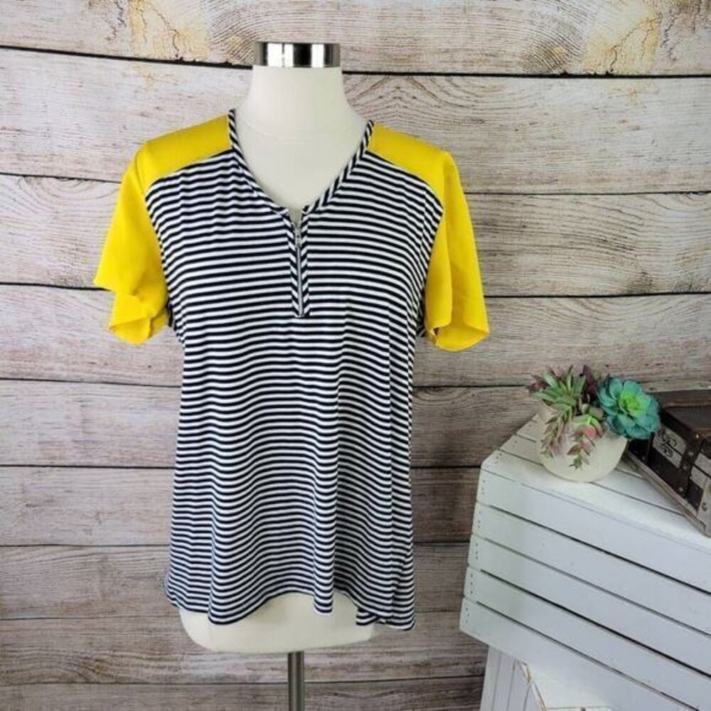 5/$25 NY Collection‎ Black White Striped Yellow Pullover T-Shirt Extra Large